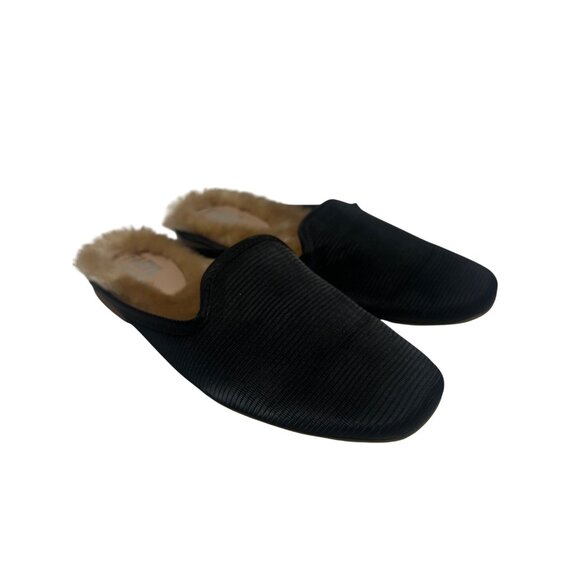 Faryl by Farylrobin NWOT Black Ribbed Satin Fur Lined Slides - Picture 2 of 7